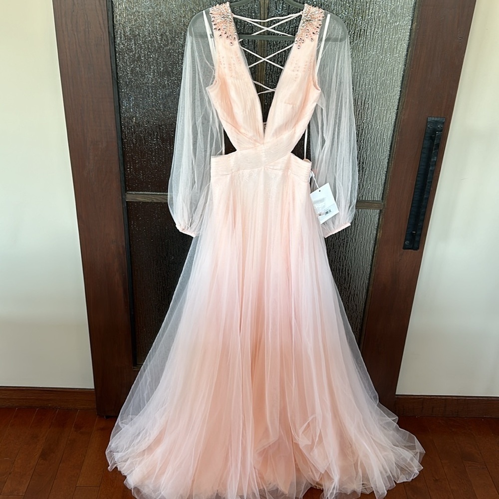 Mac Duggal TULLE SHEER LONG SLEEVE CUT OUT LACE UP A LINE GOWN size 10 New $398 - Picture 7 of 15